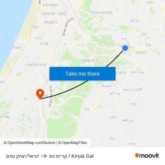 הראל/יצחק נסים to קריית גת / Kiryat Gat map