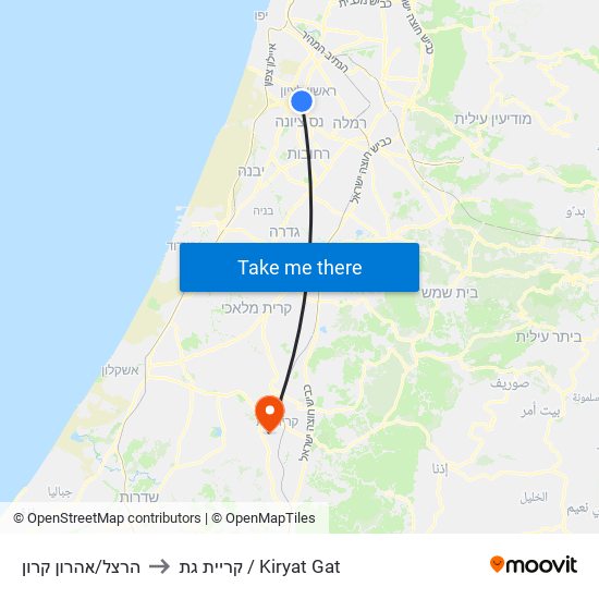 הרצל/אהרון קרון to קריית גת / Kiryat Gat map