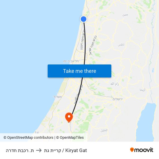 ת. רכבת חדרה to קריית גת / Kiryat Gat map