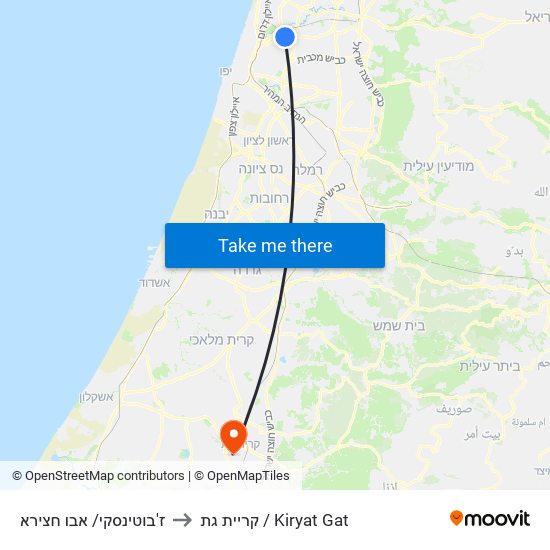 ז'בוטינסקי/ אבו חצירא to קריית גת / Kiryat Gat map