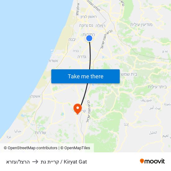 הרצל/עזרא to קריית גת / Kiryat Gat map