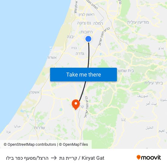 הרצל/מסעף כפר בילו to קריית גת / Kiryat Gat map