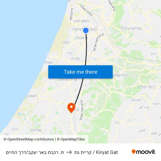 ת. רכבת באר יעקב/דרך החיים to קריית גת / Kiryat Gat map