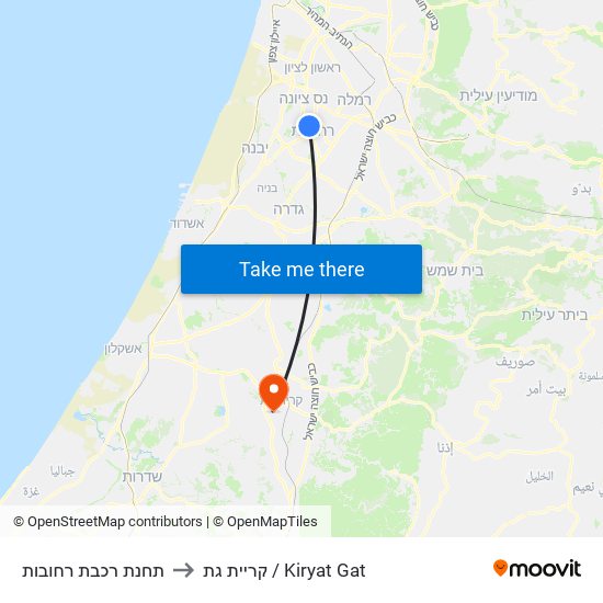 תחנת רכבת רחובות to קריית גת / Kiryat Gat map