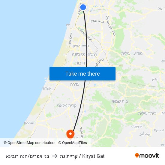 בני אפרים/חנה רובינא to קריית גת / Kiryat Gat map