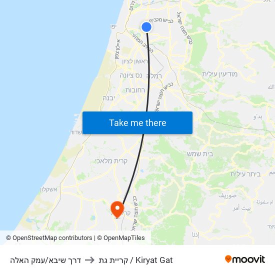 דרך שיבא/עמק האלה to קריית גת / Kiryat Gat map