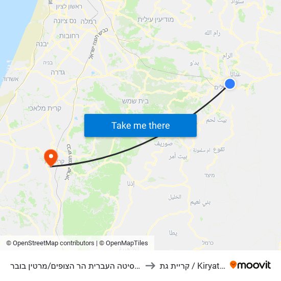 האוניברסיטה העברית הר הצופים/מרטין בובר to קריית גת / Kiryat Gat map