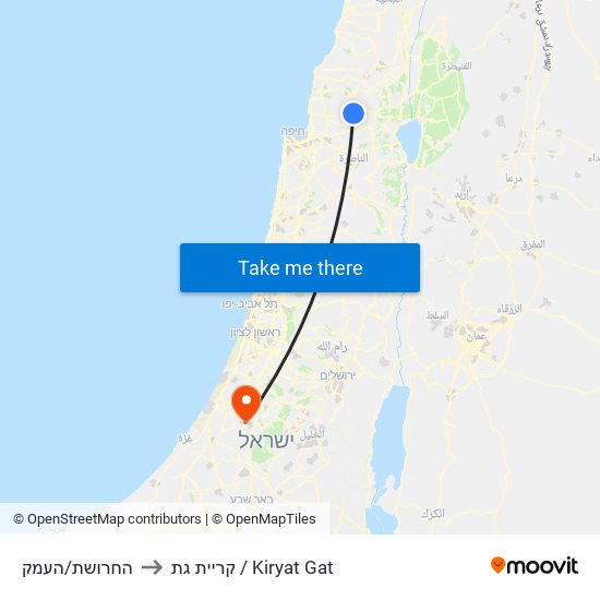החרושת/העמק to קריית גת / Kiryat Gat map