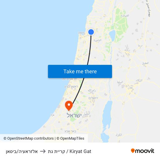 אלזראעיה/ביסאן to קריית גת / Kiryat Gat map