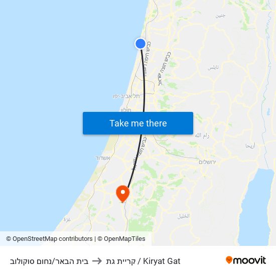 בית הבאר/נחום סוקולוב to קריית גת / Kiryat Gat map