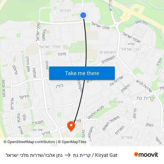 נתן אלבז/שדרות מלכי ישראל to קריית גת / Kiryat Gat map