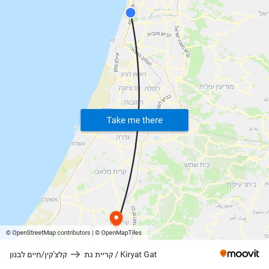 קלצ'קין/חיים לבנון to קריית גת / Kiryat Gat map