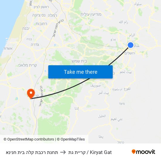 תחנת רכבת קלה בית חנינא to קריית גת / Kiryat Gat map