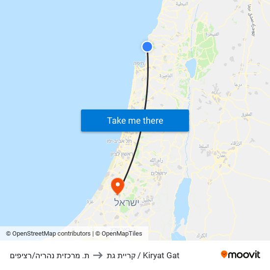 ת. מרכזית נהריה/רציפים to קריית גת / Kiryat Gat map