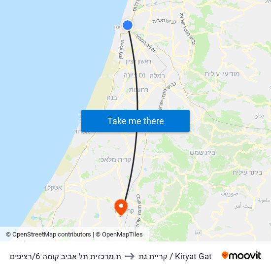 ת.מרכזית תל אביב קומה 6/רציפים to קריית גת / Kiryat Gat map