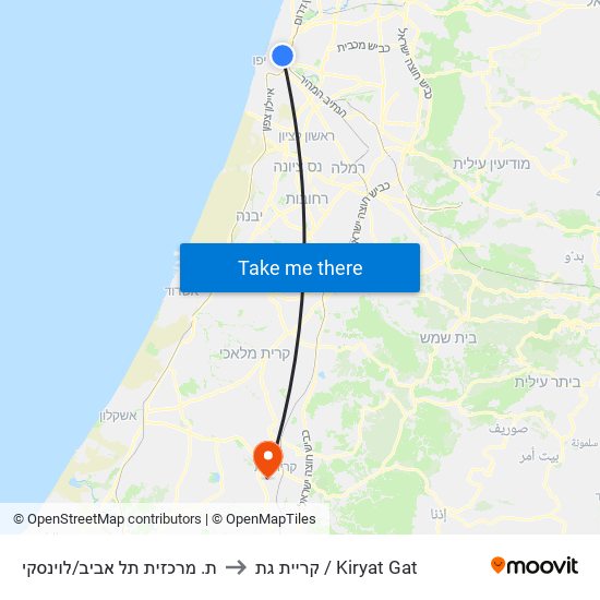 ת. מרכזית תל אביב/לוינסקי to קריית גת / Kiryat Gat map
