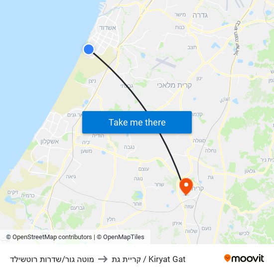 מוטה גור/שדרות רוטשילד to קריית גת / Kiryat Gat map