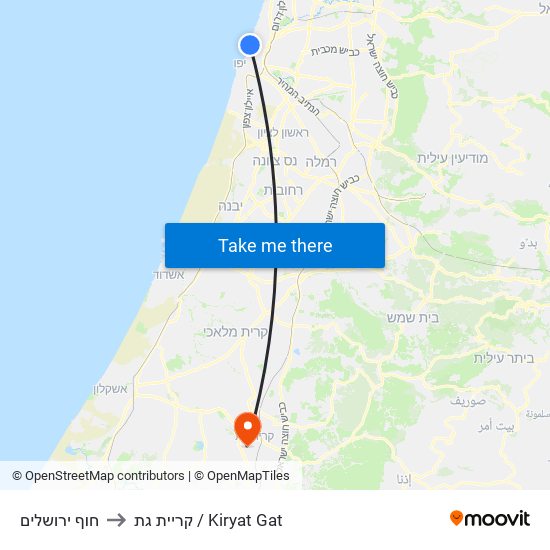 חוף ירושלים to קריית גת / Kiryat Gat map