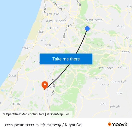 ת. רכבת מודיעין מרכז to קריית גת / Kiryat Gat map