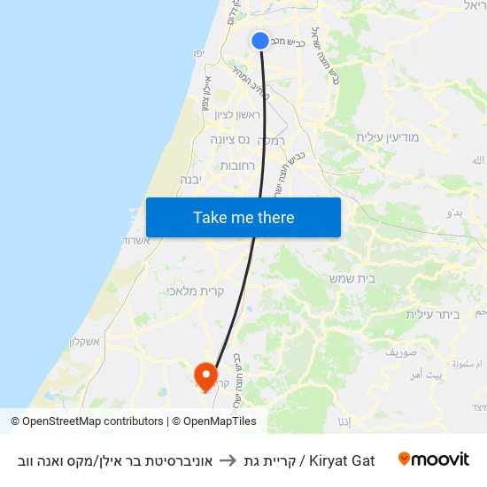 אוניברסיטת בר אילן/מקס ואנה ווב to קריית גת / Kiryat Gat map