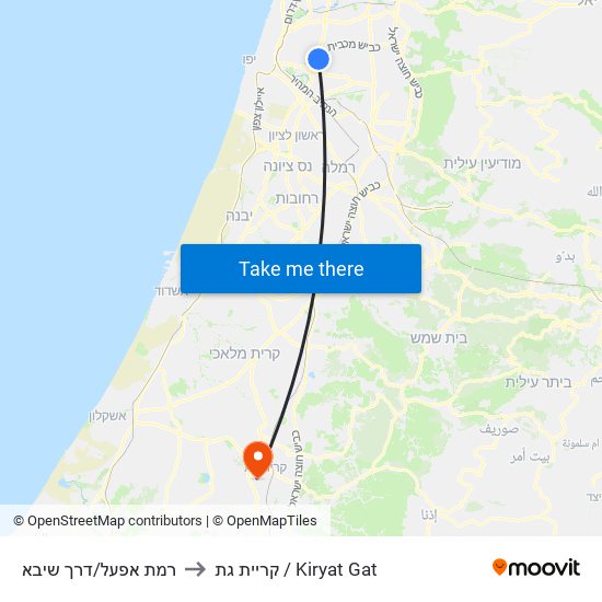 רמת אפעל/דרך שיבא to קריית גת / Kiryat Gat map