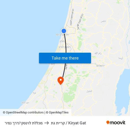 מכללת לוינסקי/דרך נמיר to קריית גת / Kiryat Gat map