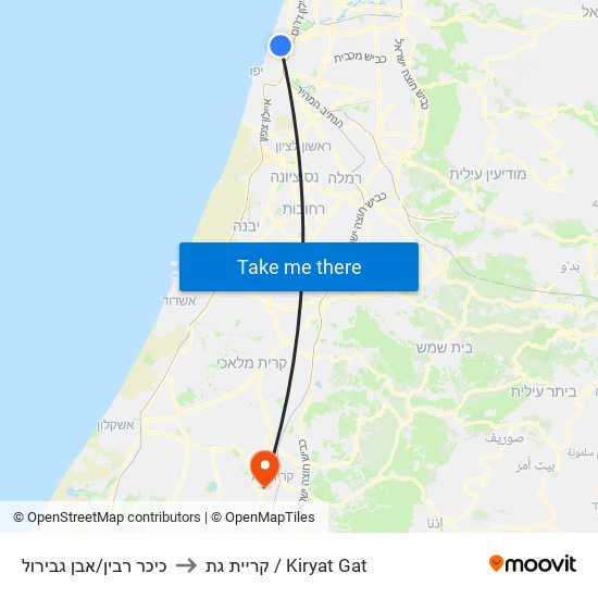 כיכר רבין/אבן גבירול to קריית גת / Kiryat Gat map