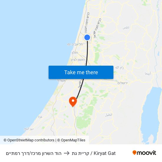 הוד השרון מרכז/דרך רמתיים to קריית גת / Kiryat Gat map