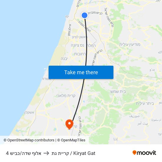 אלוף שדה/כביש 4 to קריית גת / Kiryat Gat map