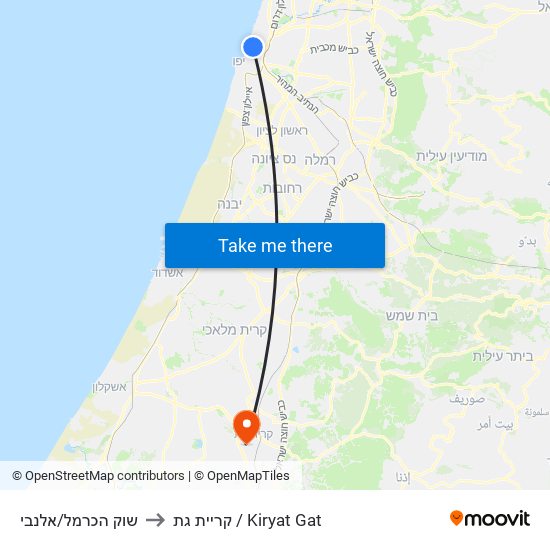 שוק הכרמל/אלנבי to קריית גת / Kiryat Gat map