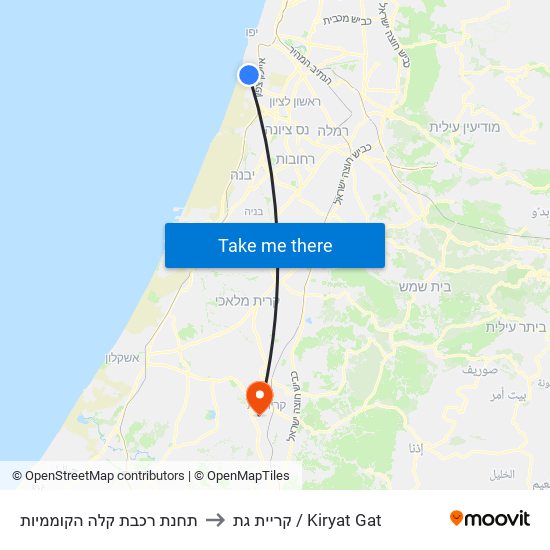 תחנת רכבת קלה הקוממיות to קריית גת / Kiryat Gat map