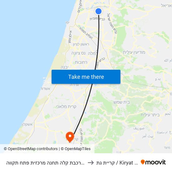 תחנת רכבת קלה תחנה מרכזית פתח תקווה to קריית גת / Kiryat Gat map