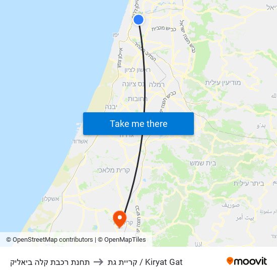 תחנת רכבת קלה ביאליק to קריית גת / Kiryat Gat map
