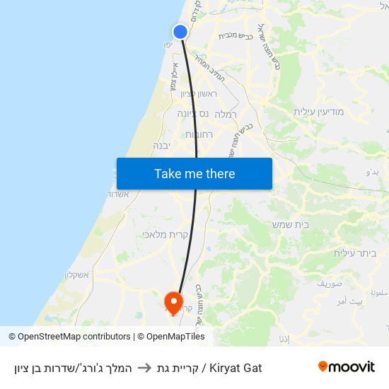 המלך ג'ורג'/שדרות בן ציון to קריית גת / Kiryat Gat map