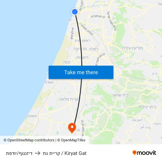 דיזנגוף/יודפת to קריית גת / Kiryat Gat map