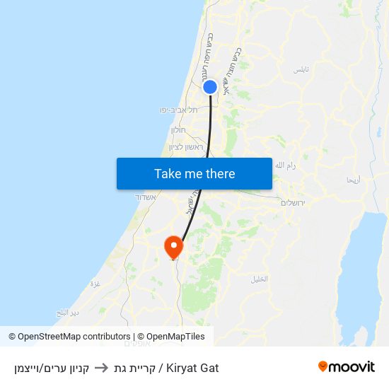 קניון ערים/וייצמן to קריית גת / Kiryat Gat map