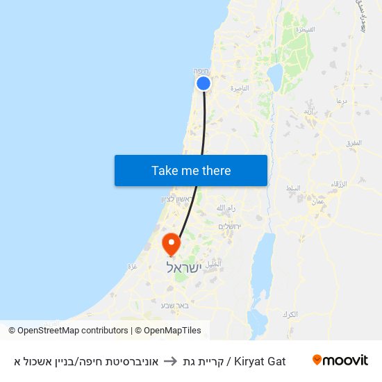 אוניברסיטת חיפה/בניין אשכול א to קריית גת / Kiryat Gat map