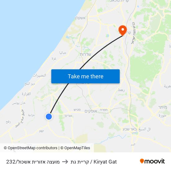 מועצה אזורית אשכול/232 to קריית גת / Kiryat Gat map