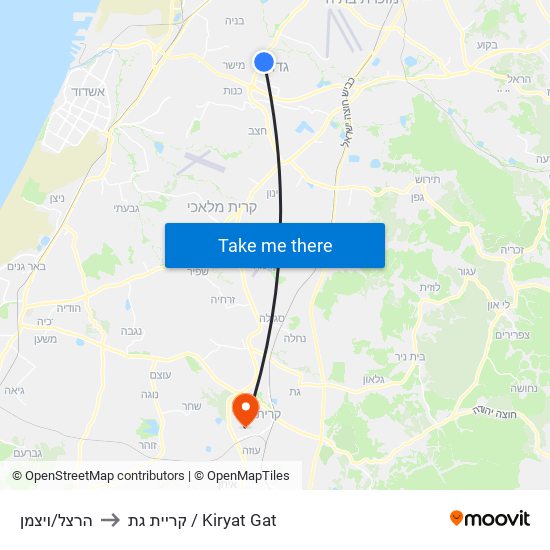 הרצל/ויצמן to קריית גת / Kiryat Gat map