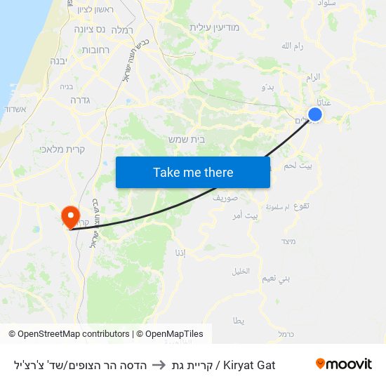 הדסה הר הצופים/שד' צ'רצ'יל to קריית גת / Kiryat Gat map