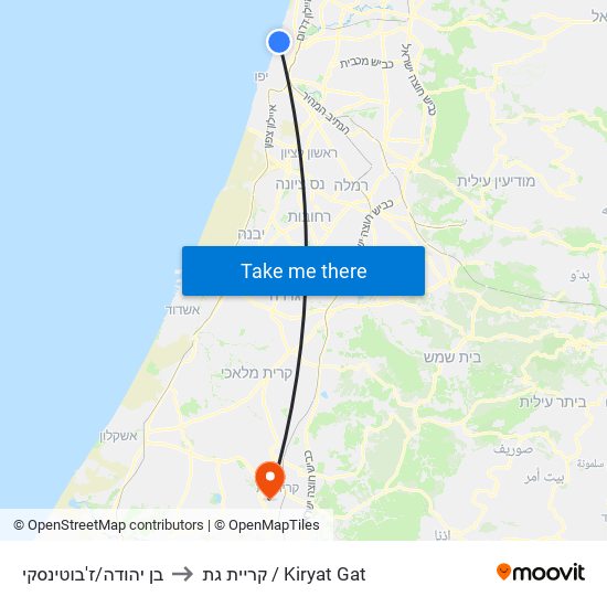 בן יהודה/ז'בוטינסקי to קריית גת / Kiryat Gat map