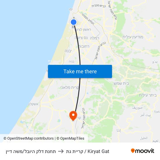 תחנת דלק היובל/משה דיין to קריית גת / Kiryat Gat map