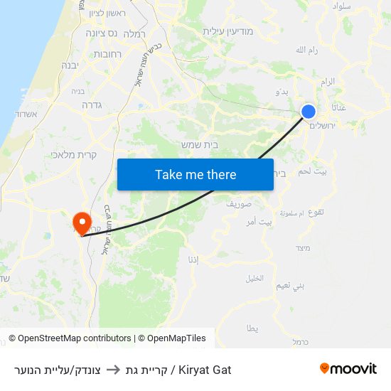 צונדק/עליית הנוער to קריית גת / Kiryat Gat map