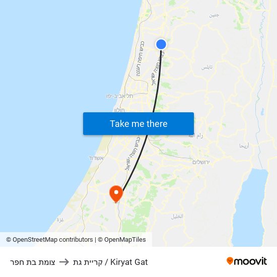 צומת בת חפר to קריית גת / Kiryat Gat map