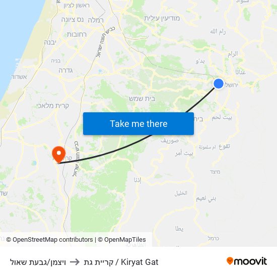 ויצמן/גבעת שאול to קריית גת / Kiryat Gat map