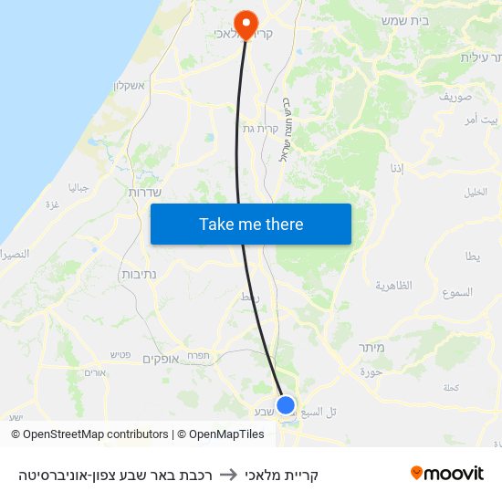 רכבת באר שבע צפון-אוניברסיטה to קריית מלאכי map