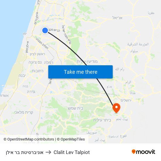 אוניברסיטת בר אילן to Clalit Lev Talpiot map