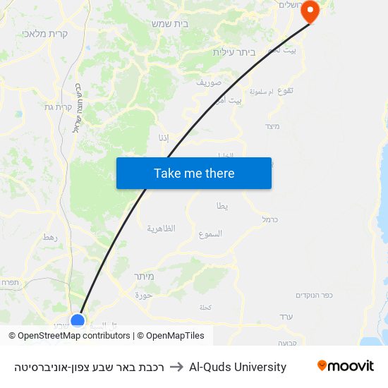 רכבת באר שבע צפון-אוניברסיטה to Al-Quds University map