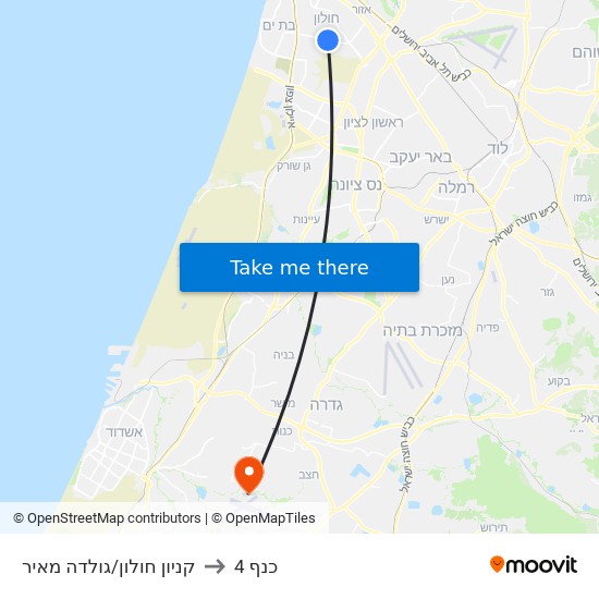 קניון חולון/גולדה מאיר to כנף 4 map