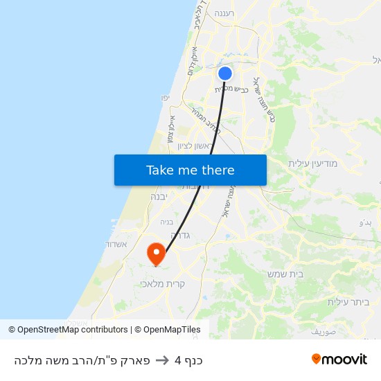 פארק פ''ת/הרב משה מלכה to כנף 4 map